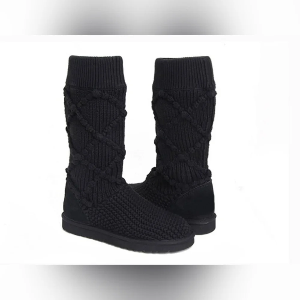 UGG Classic Argyle Knit Textile Women's Knee High Black Boots 8